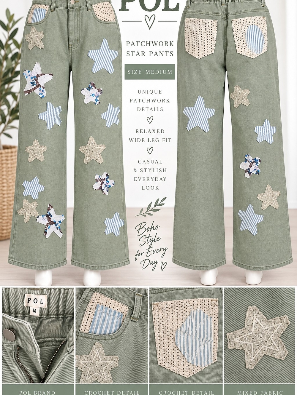 POL Patchwork Star Wide Leg Pants Sage Green Size Medium Boho Crochet